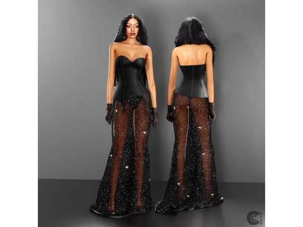 Strapless Gown with Sheer Glittery Skirt and Gloves