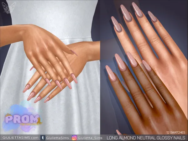 Alpha Long Almond Neutral Glossy Prom Nails by feyona - The Sims 4 Custom Content