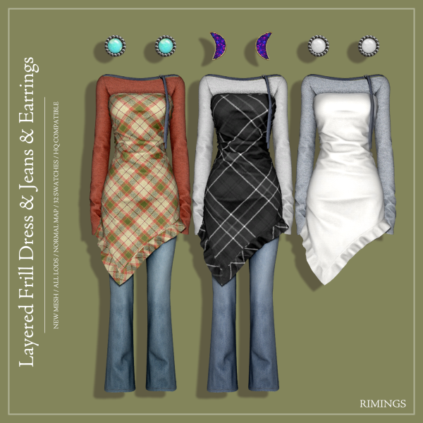 Alpha [RIMINGS] Layered Frill Dress Jeans Earrings by simsfinds - The Sims 4 Custom Content