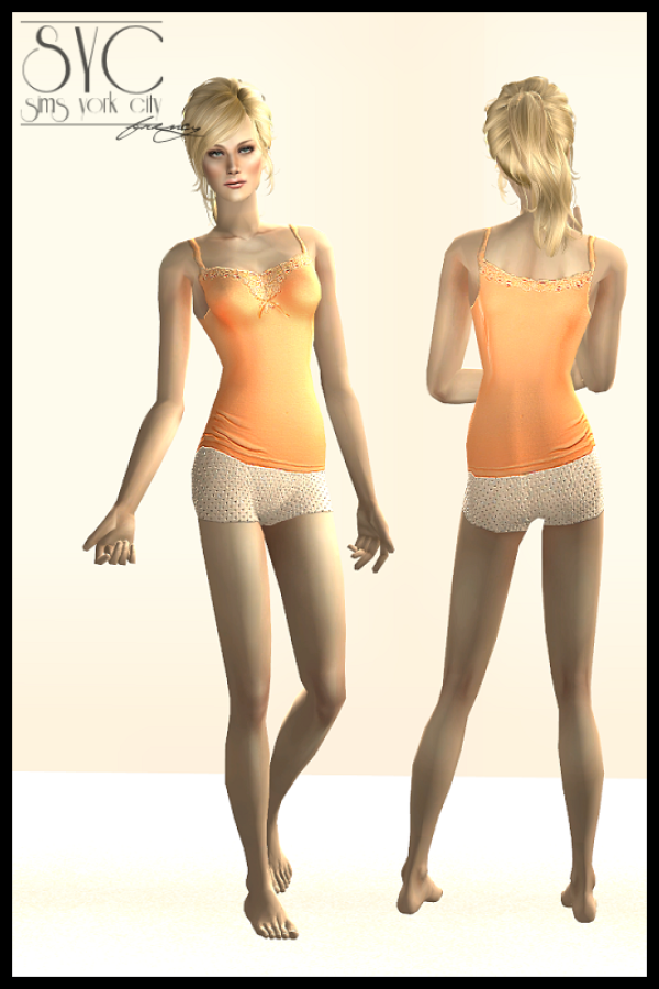 Orange pajamas with pois shorts by simsfinds - The Sims 2 Custom Content
