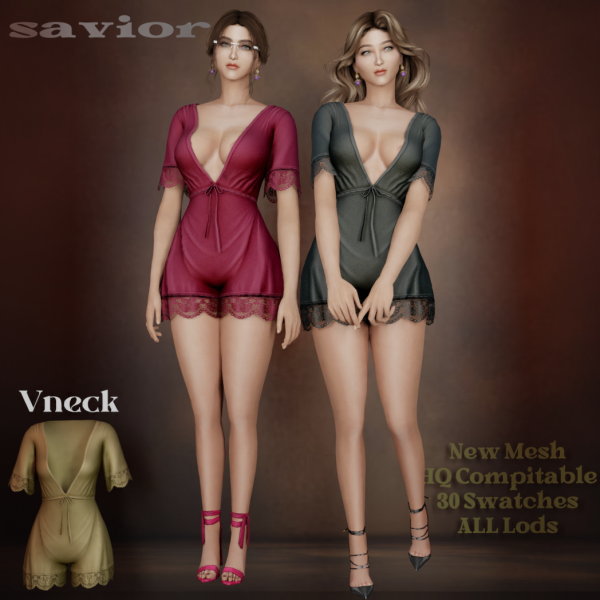 Alpha Svr_Viny Mesh V Neck Jumpsuit by saviorts4 - The Sims 4 Custom Content