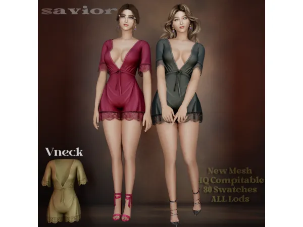 Alpha Svr_Viny Mesh V Neck Jumpsuit - The Sims 4 Custom Content