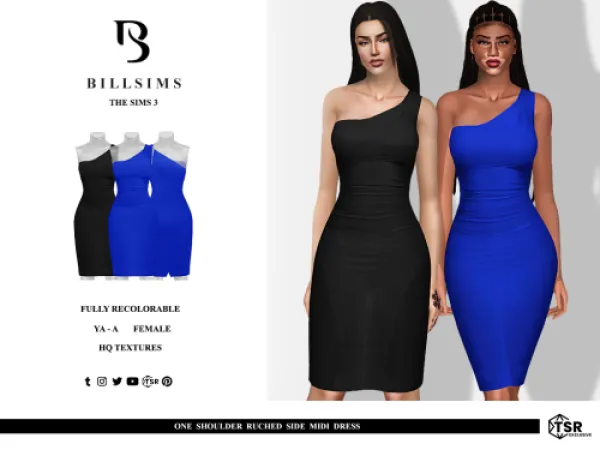 One Shoulder Ruched Side Midi Dress by billsims - The Sims 3 Custom Content