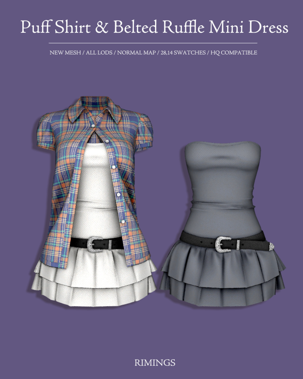 Alpha [RIMINGS] Puff Shirt Belted Ruffle Mini Dress by simsfinds - The Sims 4 Custom Content