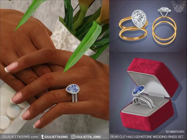 Alpha Pear Cut Halo Gemstone Wedding Rings Set - The Sims 4 Custom Content