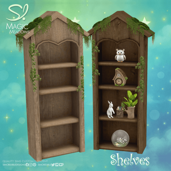 Alpha Magic Meadows Shelves by simcredible - The Sims 4 Custom Content