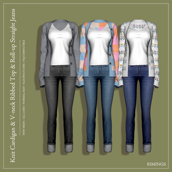 Alpha [RIMINGS] Knit Cardigan V neck Ribbed Top Roll up Straight Jeans by simsfinds - The Sims 4 Custom Content