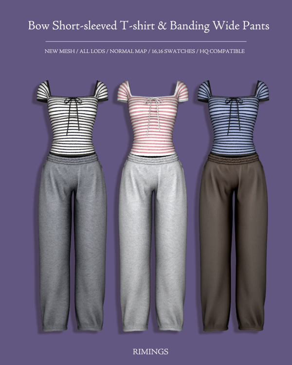 Alpha [RIMINGS] Bow Short sleeved T shirt Banding Wide Pants by simsfinds - The Sims 4 Custom Content