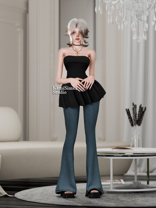 Alpha A strapless top and denim long pants setDouble layer cross necklace by simsfinds - The Sims 4 Custom Content