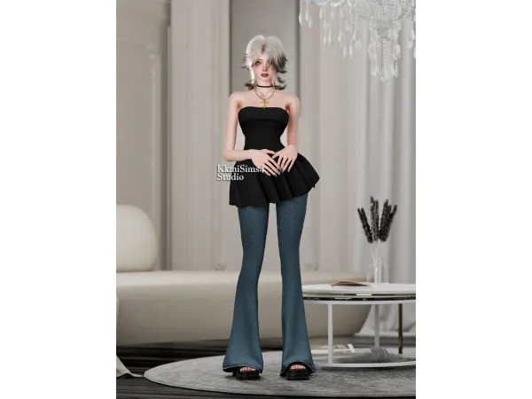 Alpha A strapless top and denim long pants setDouble layer cross necklace by KkmiSims4 - The Sims 4 Custom Content