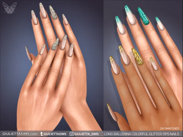 Alpha Long Ballerina Colorful Glitter Tips Nails - The Sims 4 Custom Content