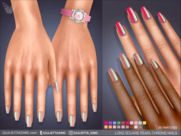 Alpha Long Square Pearl Chrome Nails - The Sims 4 Custom Content