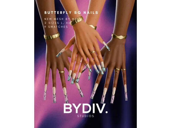 Alpha BUTTERFLY SQ NAILS by bydiv - The Sims 4 Custom Content