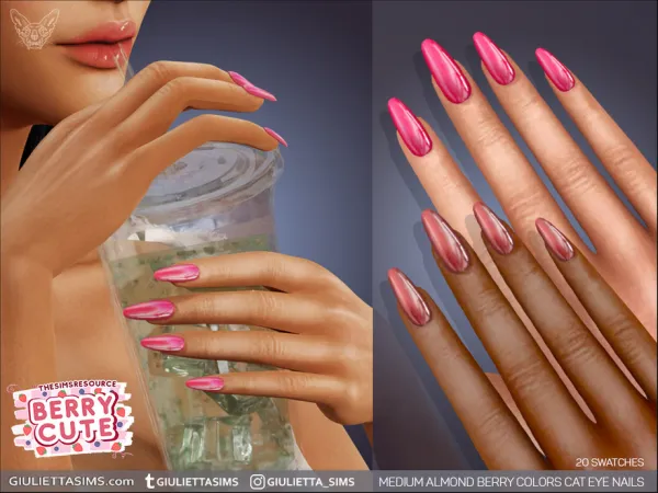 Alpha Medium Almond Berry Colors Cat Eye Nails - The Sims 4 Custom Content