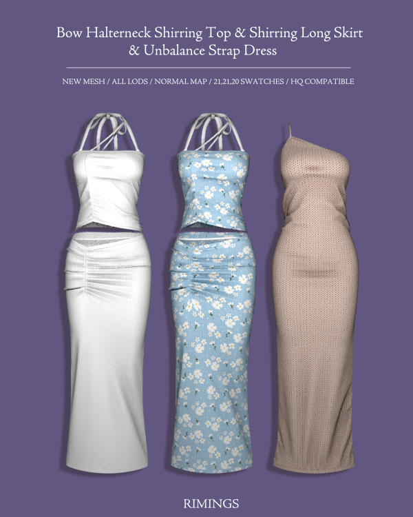 Alpha [RIMINGS] Bow Halterneck Shirring Top Shirring Long Skirt Unbalance Strap Dress by simsfinds - The Sims 4 Custom Content