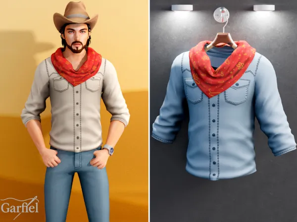 Sims 4 Mix Partes de Arriba Jeans CC: Adult - Western shirt with bandana detail by Garfiel