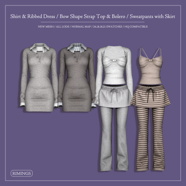 Alpha [RIMINGS] Shirt Ribbed Dress Bow Shape Strap Top Bolero Sweatpants with Skirt by simsfinds - The Sims 4 Custom Content