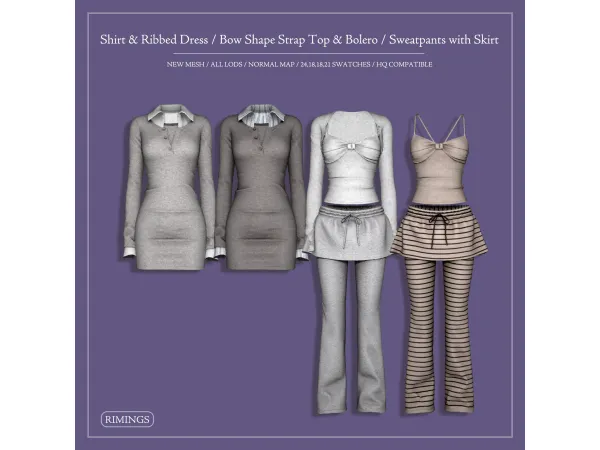 Alpha [RIMINGS] Shirt Ribbed Dress Bow Shape Strap Top Bolero Sweatpants with Skirt - The Sims 4 Custom Content