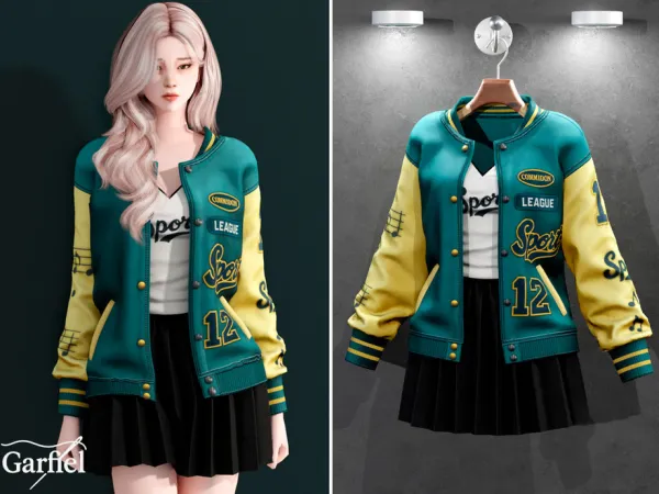 Alpha Adult Sporty varsity jacket with pleated skirt by Garfiel - The Sims 4 Custom Content