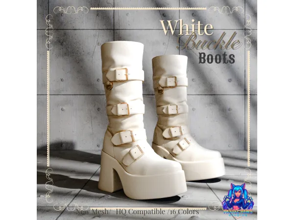 Alpha White Buckle Boots by PastelPaws - The Sims 4 Custom Content