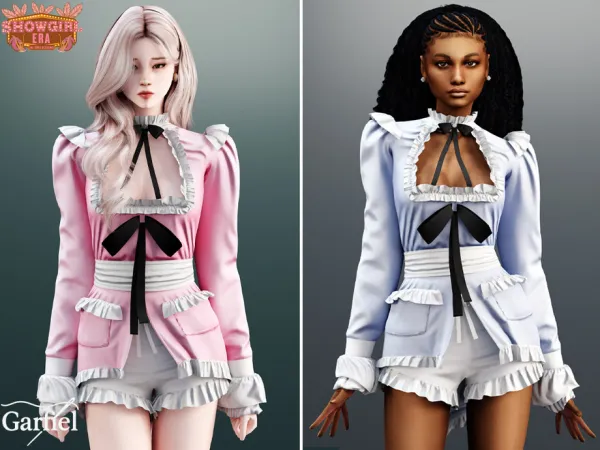 Alpha Adult Showgirl inspired ruffled blouse and shorts - The Sims 4 Custom Content