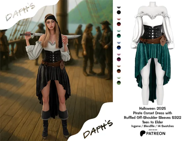 Alpha Daph's Halloween 2025 Pirate Corset Dress with Ruffled Off Shoulder Sleeves S322 - The Sims 4 Custom Content