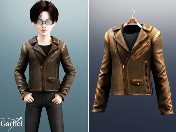 Alpha Child Distressed brown leather biker jacket by Garfiel - The Sims 4 Custom Content