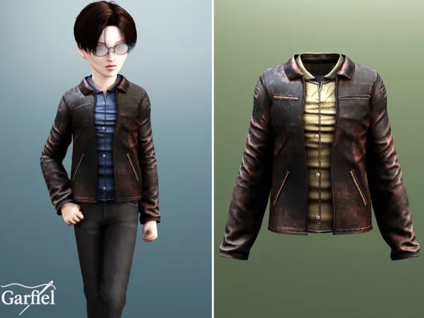 Alpha Child Distressed leather jacket with denim shirt by Garfiel - The Sims 4 Custom Content