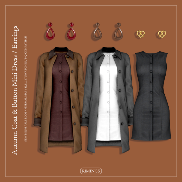 Alpha [RIMINGS] Autumn Coat Button Mini Dress Earring by simsfinds - The Sims 4 Custom Content