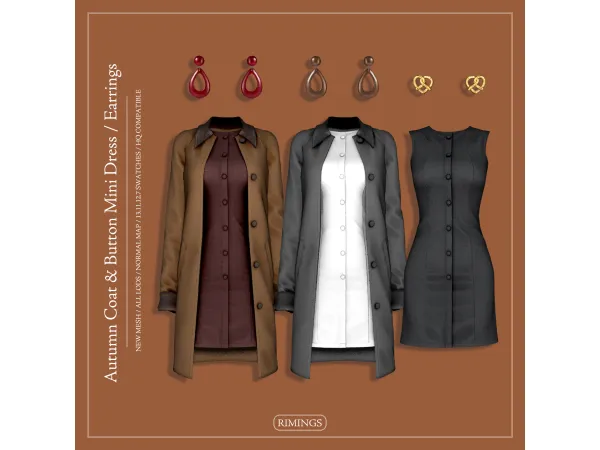 Alpha [RIMINGS] Autumn Coat Button Mini Dress Earring - The Sims 4 Custom Content