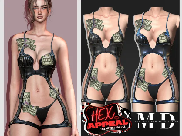 Alpha hexAppeal leather bodysuit with banknote details - The Sims 4 Custom Content