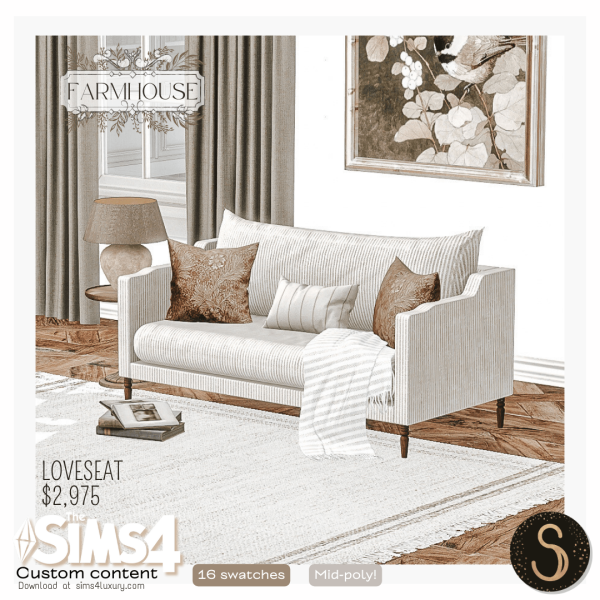 Alpha Sims4Luxury Farmhouse 2024 Loveseat by simsfinds - The Sims 4 Custom Content