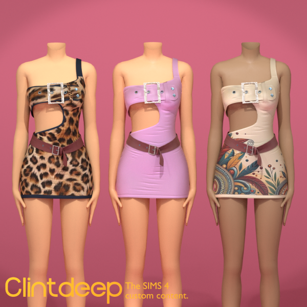 Mix Clintdeep One Sholder Crystal Buckle Cutout Mini Dress by simsfinds - The Sims 4 Custom Content