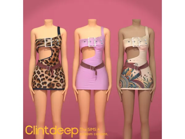 Mix Clintdeep One Sholder Crystal Buckle Cutout Mini Dress - The Sims 4 Custom Content