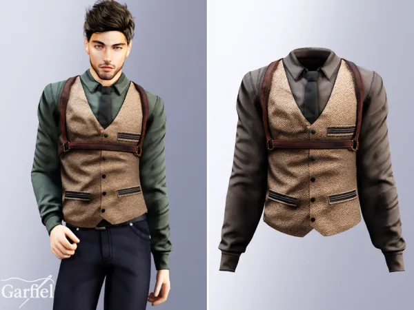 Alpha Adult Tweed vest outfit with shirt and harness straps by Garfiel - The Sims 4 Custom Content