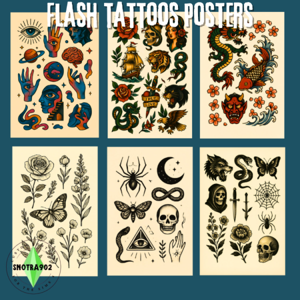 Mix Flash Tattoos Posters Set by simsfinds - The Sims 4 Custom Content
