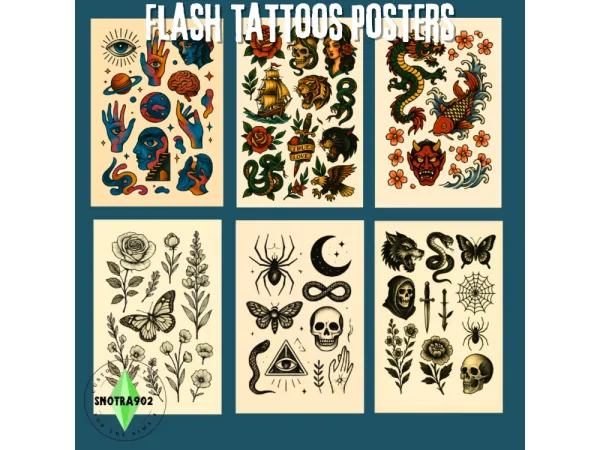 Mix Flash Tattoos Posters Set by Snotra902 - The Sims 4 Custom Content