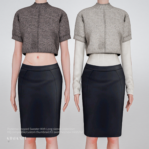 Alpha Porterna Cropped Sweater With Long sleeve Undershirt by simsfinds - The Sims 4 Custom Content