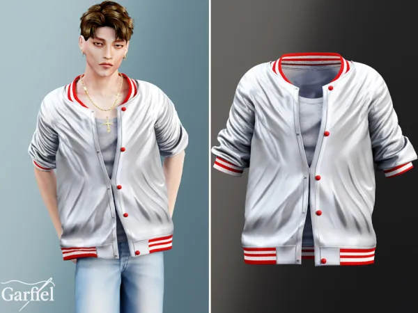 Sims 4 Adult - Silver metallic bomber with red striped trim by Garfiel