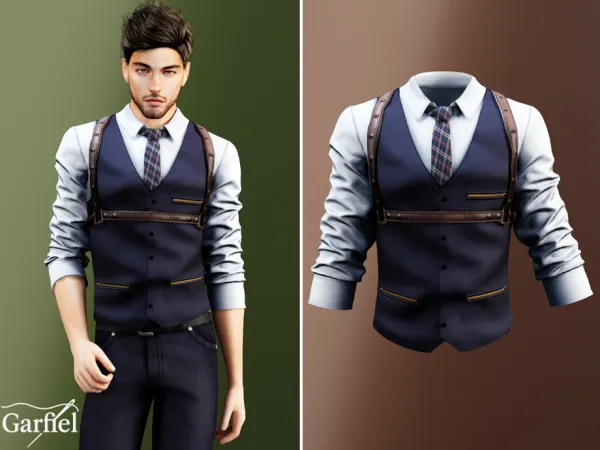 Alpha Adult Navy vest top with rolled sleeves and plaid tie by Garfiel - The Sims 4 Custom Content