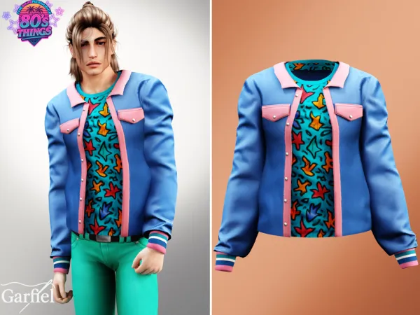 Alpha Adult Retro 80s jacket with graphic tee combo by Garfiel - The Sims 4 Custom Content
