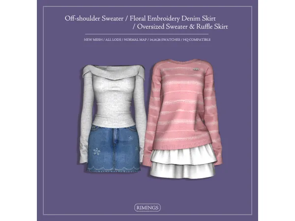 [RIMINGS] Off-shoulder Sweater / Floral Embroidery Denim Skirt / Oversized Sweater & Ruffle Skirt