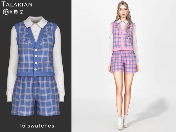 Sims 4 Eileen Plaid Vest and Shorts Outfit by talarian