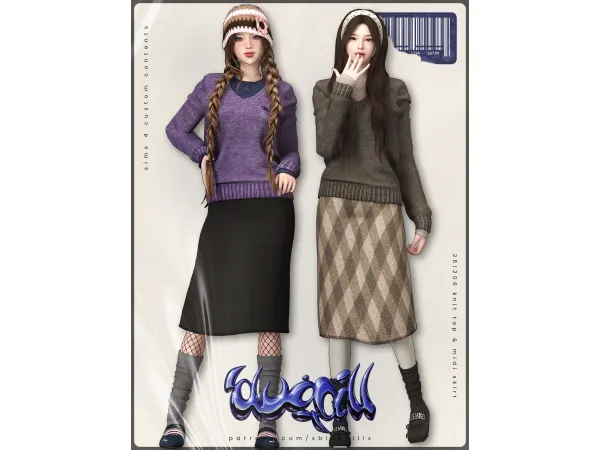 Alpha (Bluepill) 251206 layered knit top winter midi skirt - The Sims 4 Custom Content