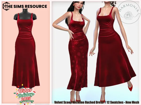 Alpha Winter Holidays 2025 Velvet Scoop Neckline Ruched Dress by Harmonia - The Sims 4 Custom Content