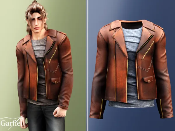 Sims 4 Adult - Worn-leather biker jacket with tee by Garfiel