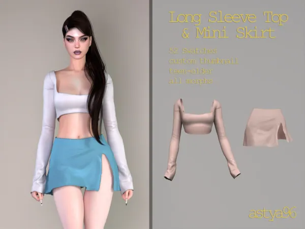 Sims 4 Long Sleeve Top & Mini Skirt (Dec23) by astya96cc
