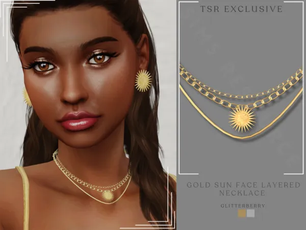 Alpha Gold Sun Face Layered Necklace by Glitterberryfly - The Sims 4 Custom Content