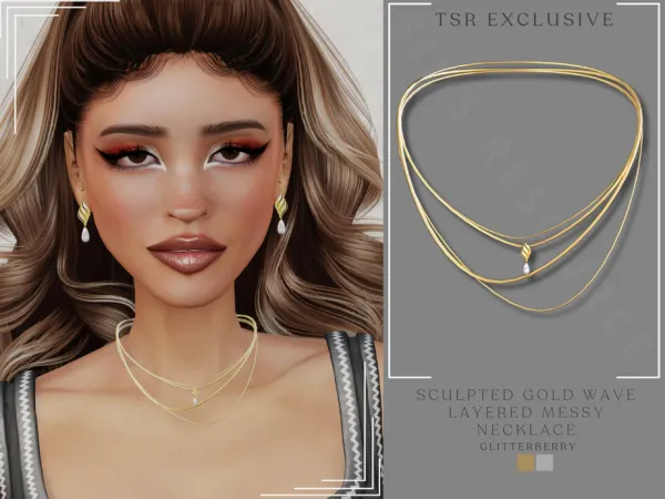 Sims 4 Sculpted Gold Wave Layered Messy Necklace by Glitterberryfly