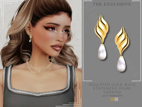 Sims 4 Sculpted Gold Wave Statement Pearl Earring by Glitterberryfly